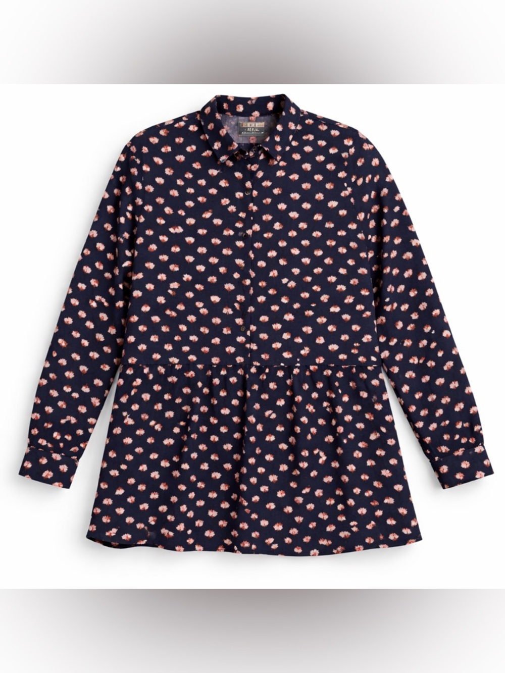 Anthro Maeve Navy Floral Peplum Blouse Button Front Size Large